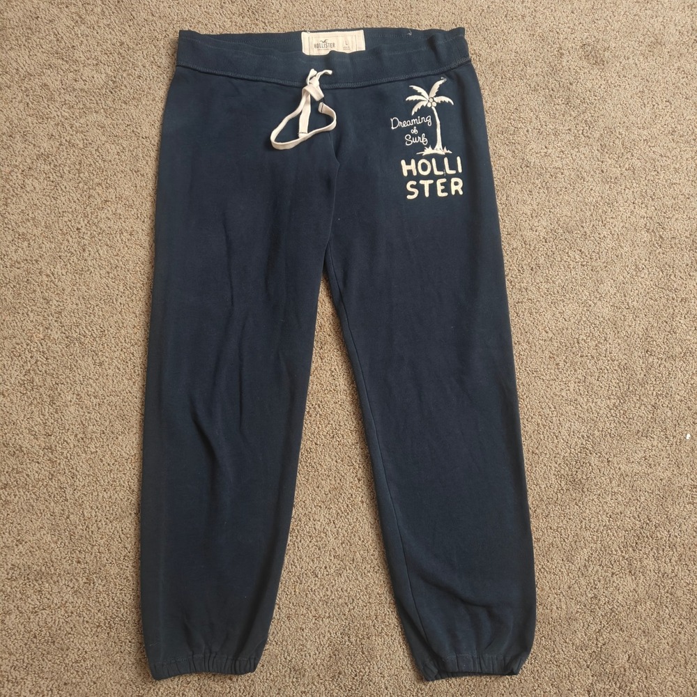 Hollister Women Navy Blue Jogger Sweatpants Dreaming of Surf Palm Tree Logo Sz L - Picture 2 of 14